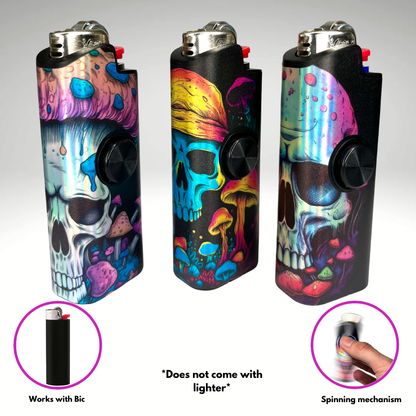 FLKR LYTR Mushroom Skull 3pcs Fidget Spinner Case for Bic Lighters- High-Quality Body for Bic Lighter and Spinning Mechanism