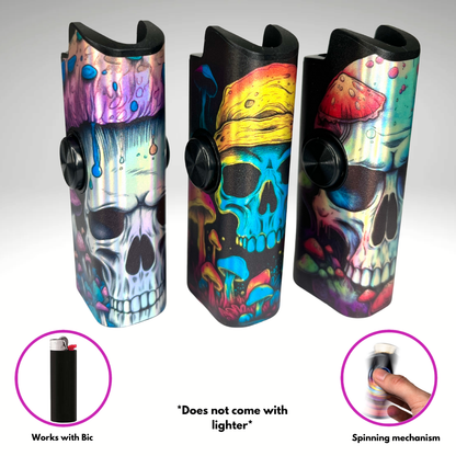 FLKR LYTR Mushroom Skull 3pcs Fidget Spinner Case for Bic Lighters- High-Quality Body for Bic Lighter and Spinning Mechanism