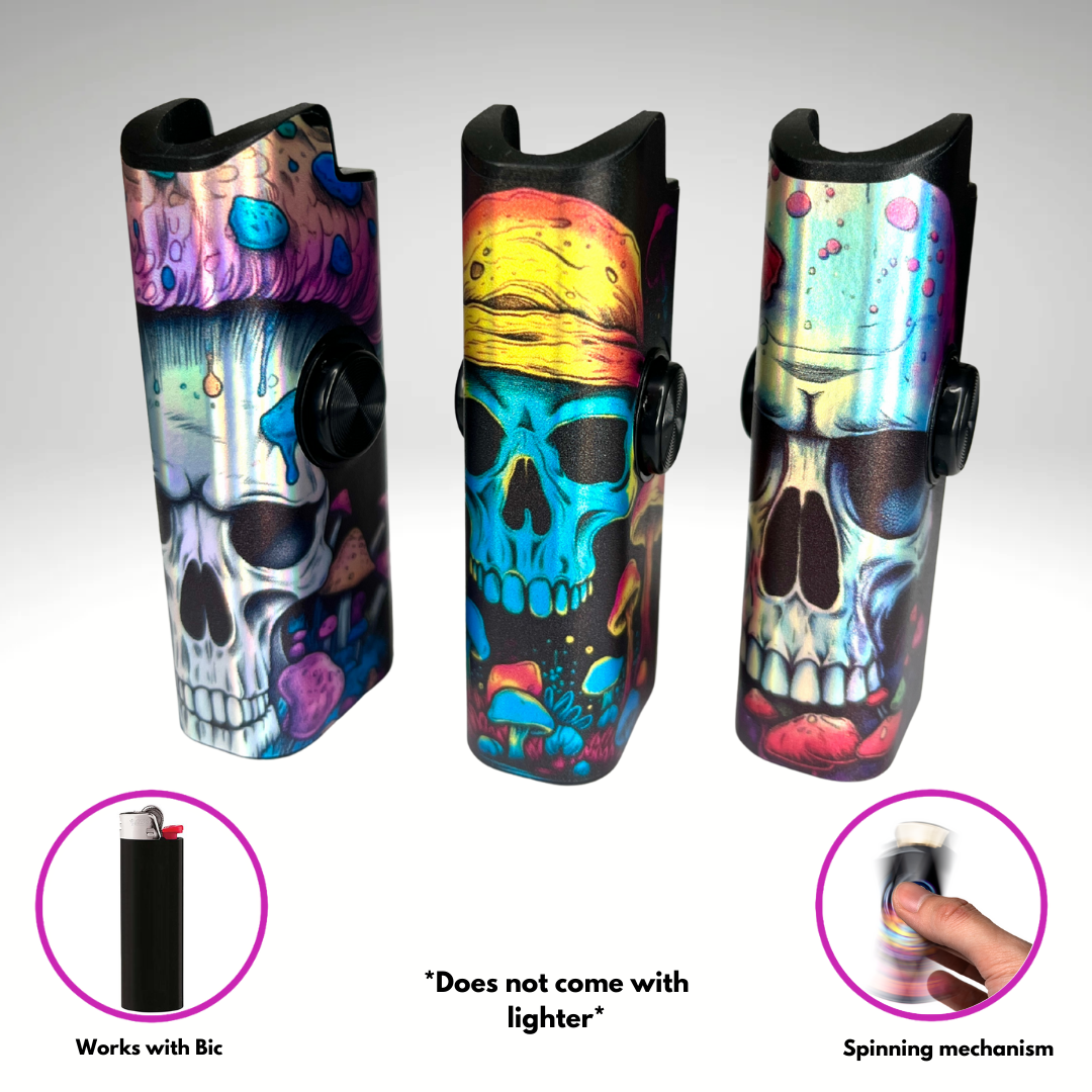 FLKR LYTR Mushroom Skull 3pcs Fidget Spinner Case for Bic Lighters- High-Quality Body for Bic Lighter and Spinning Mechanism