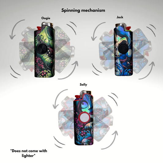 Colorful lighter with spinning mechanism labeled 'Oogie', 'Jack', and 'Sally' on a gray background.