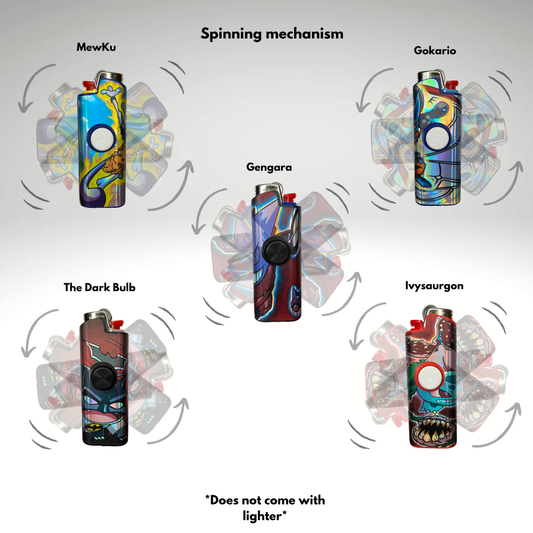 Diagram of colorful lighters with labels and a spinning mechanism illustration.