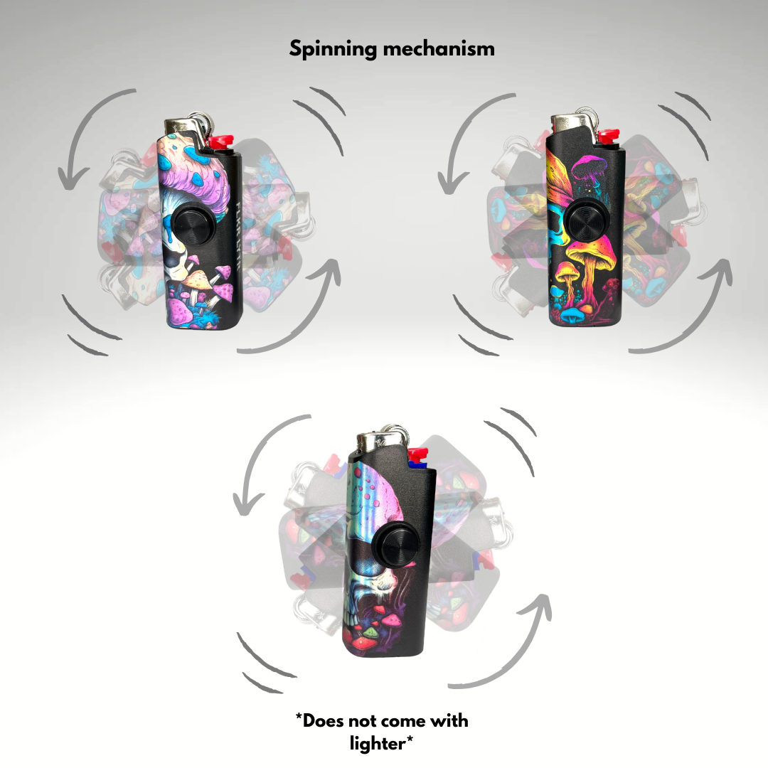 FLKR LYTR Mushroom Skull 3pcs Fidget Spinner Case for Bic Lighters- High-Quality Body for Bic Lighter and Spinning Mechanism