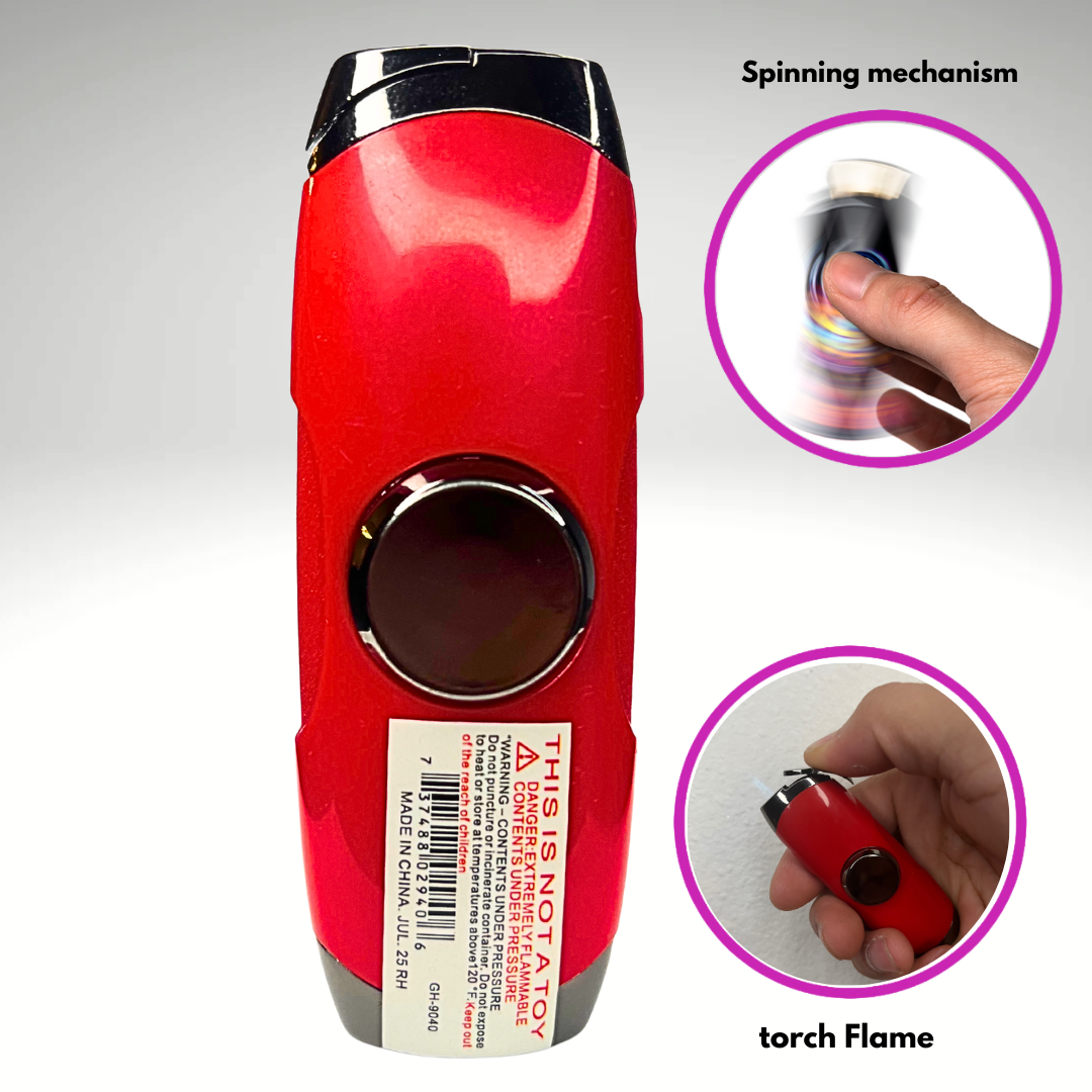 FLKR LYTR: Red Fidget Torch Lighter with Vibrant Finish, Spinning Mechanism, Windproof Jet Flame & Ideal for Candles and Outdoor Adventures - Accessory
