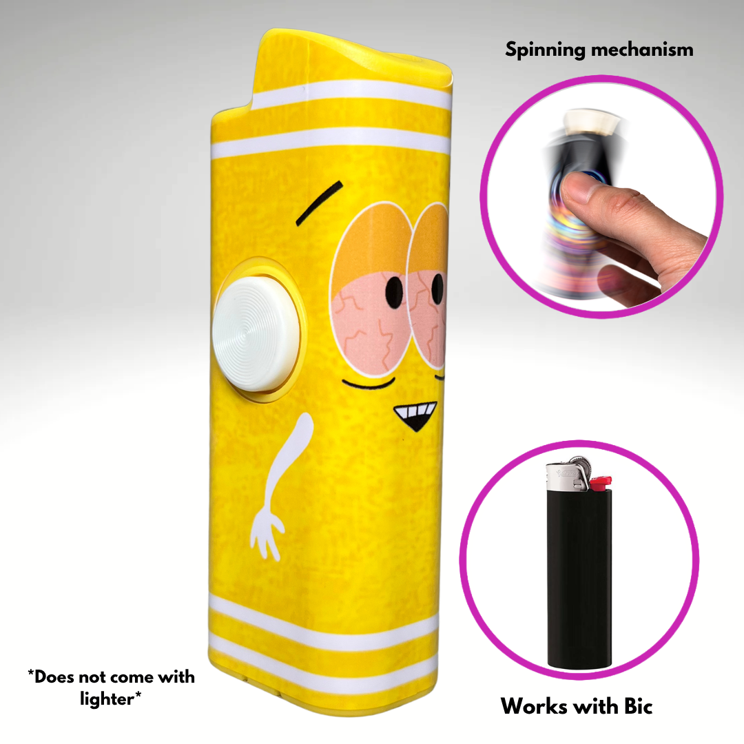 A yellow novelty lighter-shaped product with a Towlie cartoon face and white stripes, shown on a light gray background with callout text and two circular inset images demonstrating its use. The insets include a hand spinning a fidget spinner and a black Bic lighter.