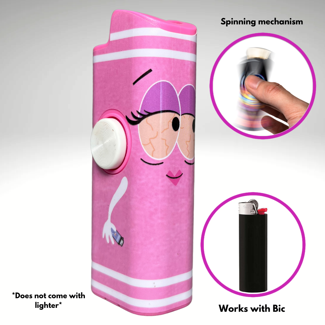 A pink novelty lighter shaped like a crayon with cartoon eyes and a hand, shown on a light gray background with callout text and circular inset photos explaining the spinning mechanism and compatibility with a Bic lighter.